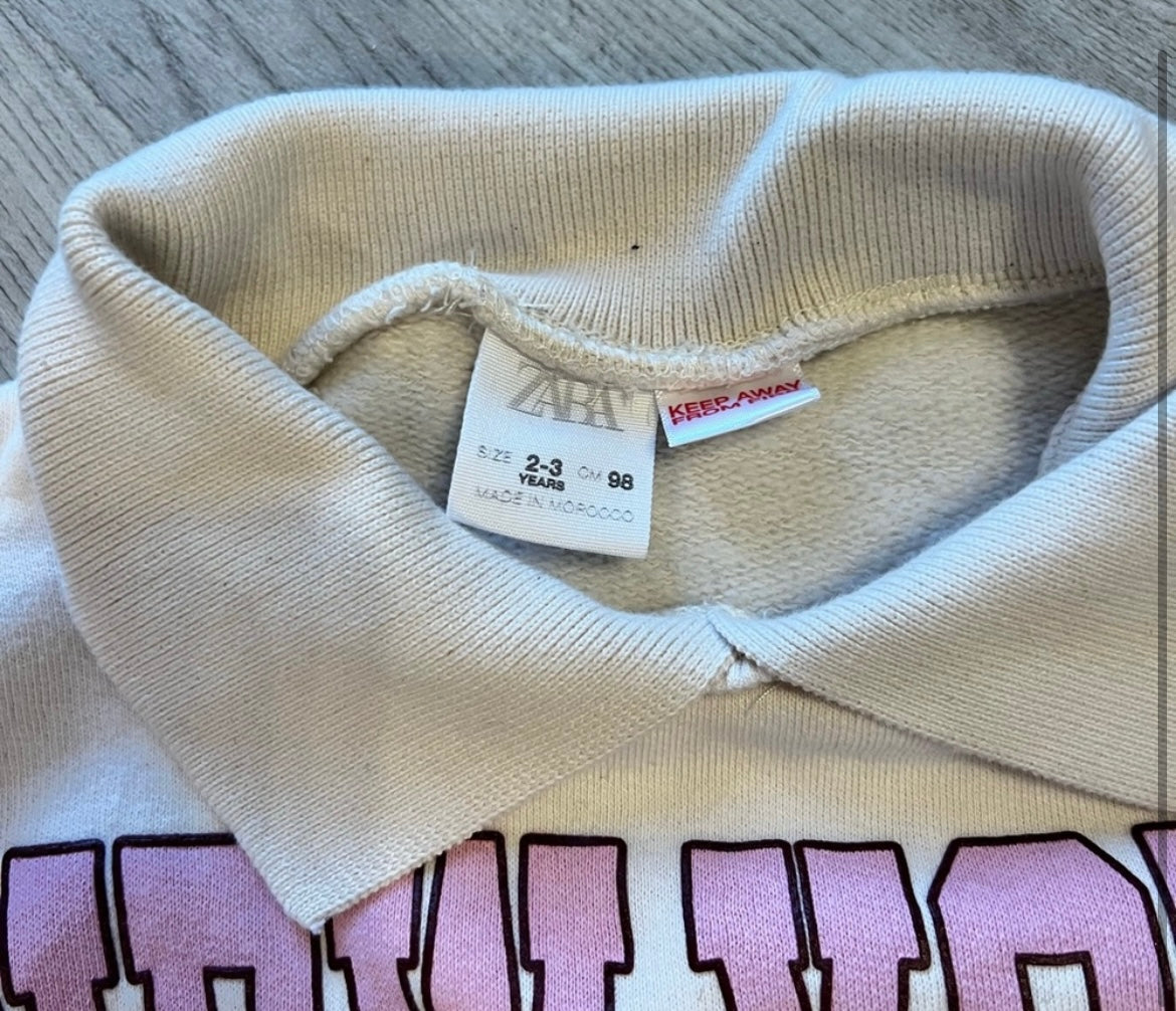 Zara New York Graphic Sweatshirt W Collar Toddler Girl Size 2/3 Years Beige