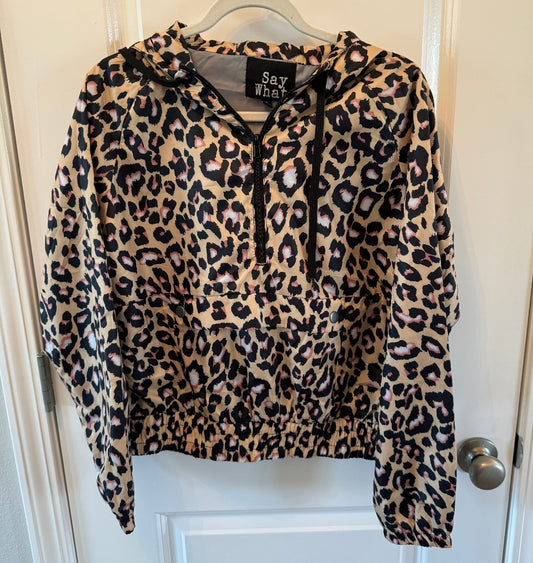 Leopard Print Full Zip Hooded Jacket Women’s Size Medium Tan