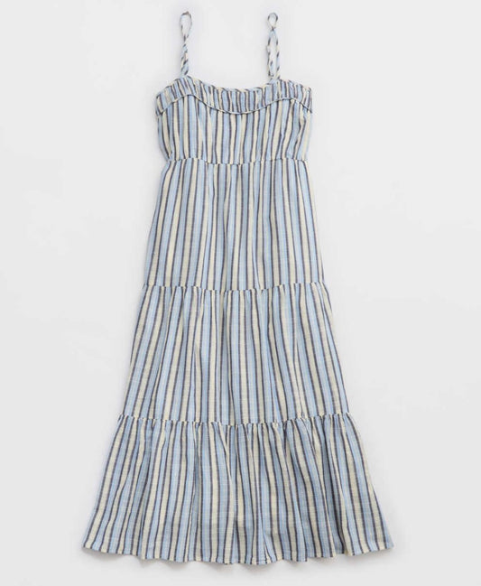 Aerie Striped Tiered Cotton Maxi Dress Women’s Small Ocean Sky