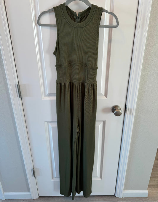 Ribbed High Neck Wide Leg Jumpsuit Women’s Size Small Olive Green