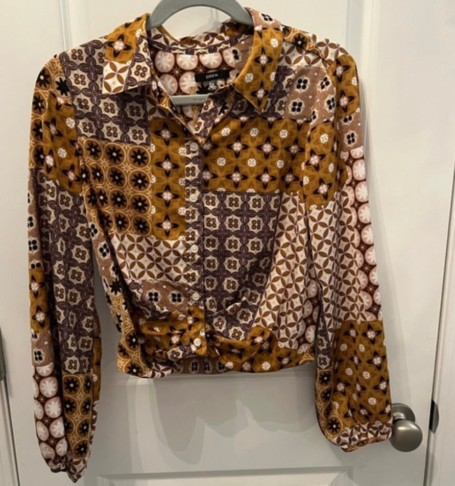 Drew Print Button Front Shirt Women’s Size Small 4-6 Mustard