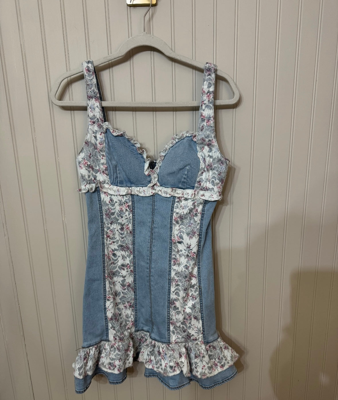 Stretch Denim Lace Ruffle Mini Dress Women’s Large