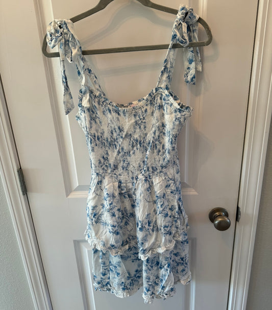 Pink Lily Floral Smock Mini Dress Women’s Size Small White Blue