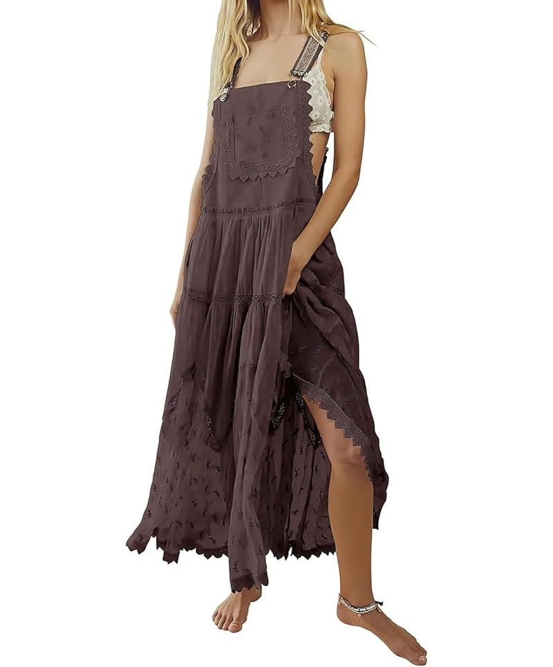 Ebossy Lace Tulle Bib Dress Women’s Small Coffee