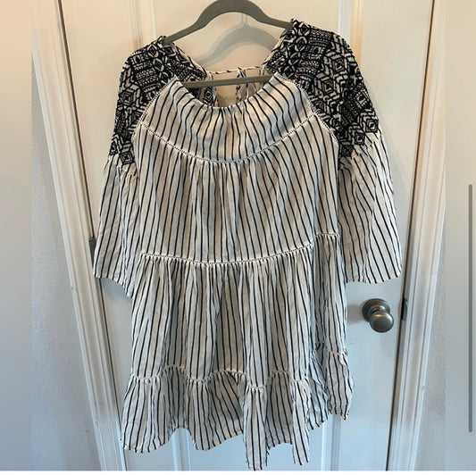 Free People Striped Lola Tiered Embroidered Dress Women's Size Large White/Black