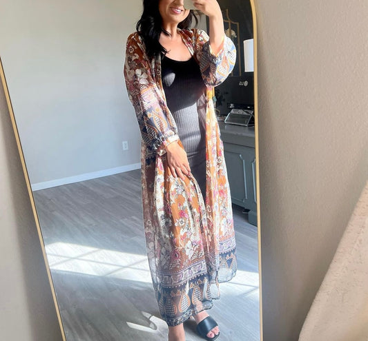 Umgee Floral Duster Kimono Women’s Size Medium Brown
