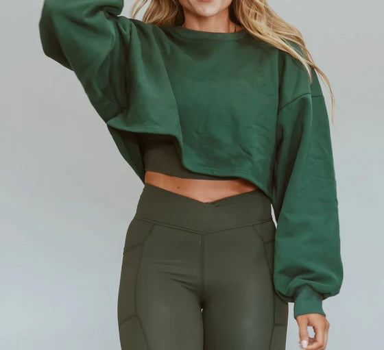 Cara Loren Cropped Fleece Sweatshirt Women’s Size Medium Duffel Green