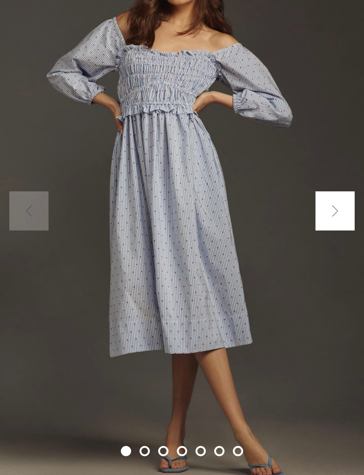 Anthropologie Maeve Stripe Puff Sleeve Smock Midi Dress w Pockets Women’s Size Medium Blue White