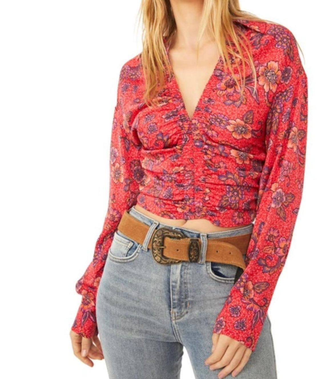 Free People I Got You Floral Cinch Front Top Women’s Size Medium Red