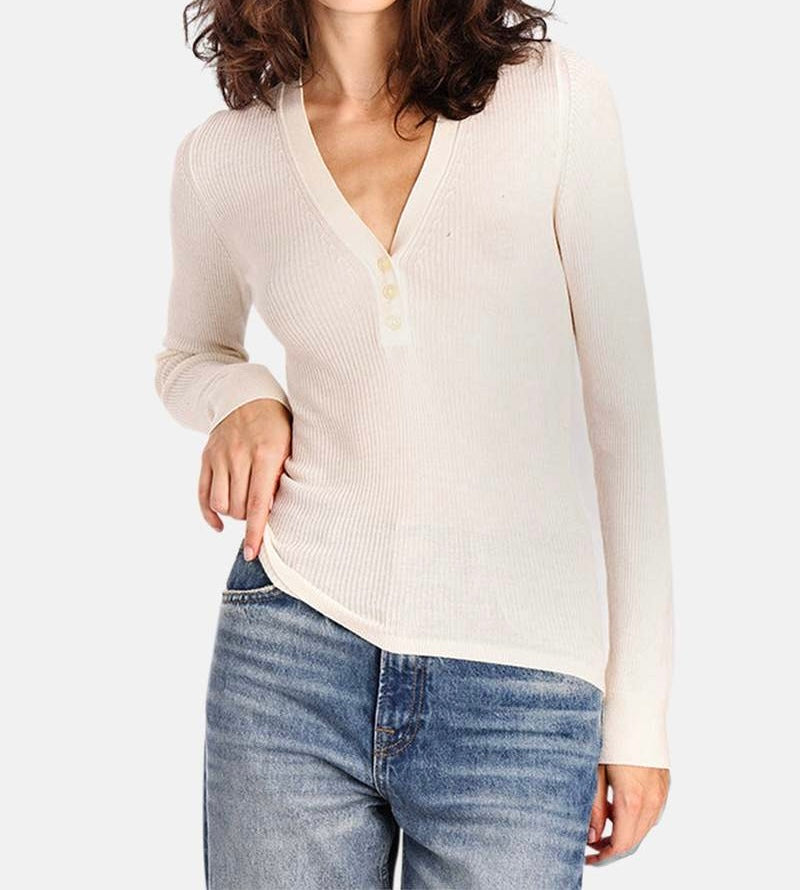 Minnie Rose Fine Silk Cashmere Henley VNeck Top Women’s Size Large Off White