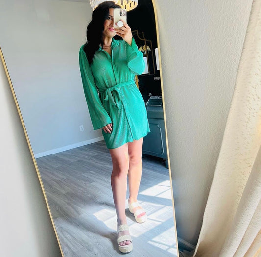 Pleated Belted Long Sleeve Shirt Dress Women’s Size Medium Green