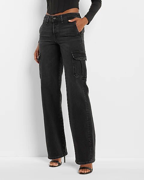 Express Relaxed Straight Cargo Jeans Women’s Size 0 Reg Black