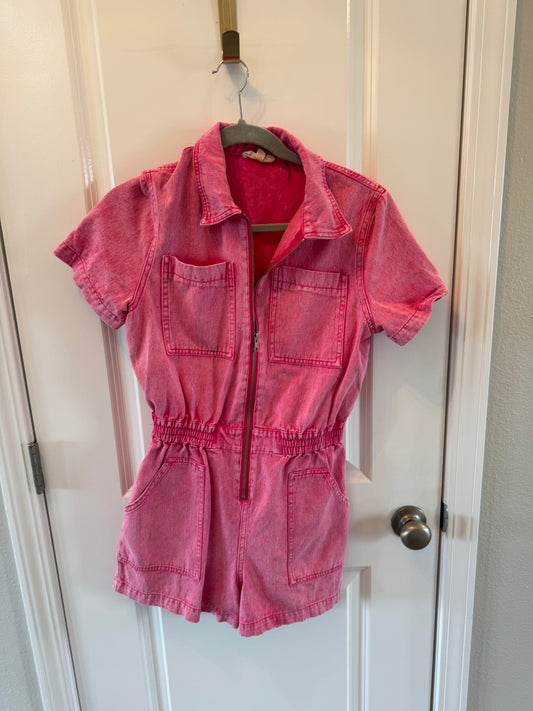 Elan Kelly Acid Wash Denim Romper Women’s Small Pink