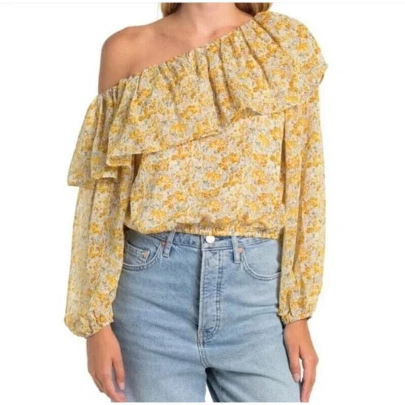 ASTR The Label Off The Shoulder Floral Peasant Top Women’s Size Large Yellow