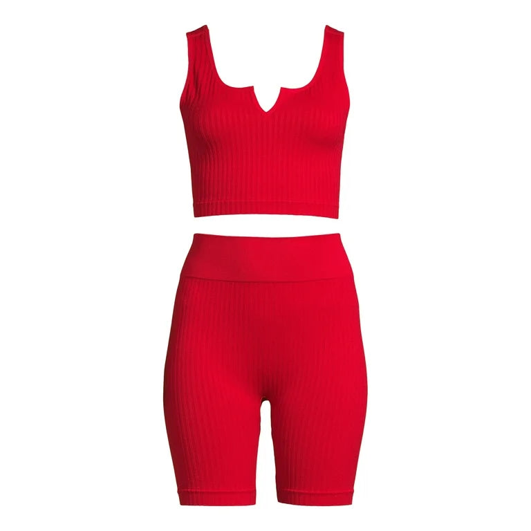 Seamless Cropped Tank Top and Bike Short Matching Set Women’s Size Small Red