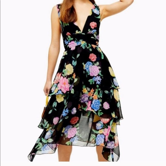 Topshop Frieda Floral Midi Dress Women’s Size 6 Black