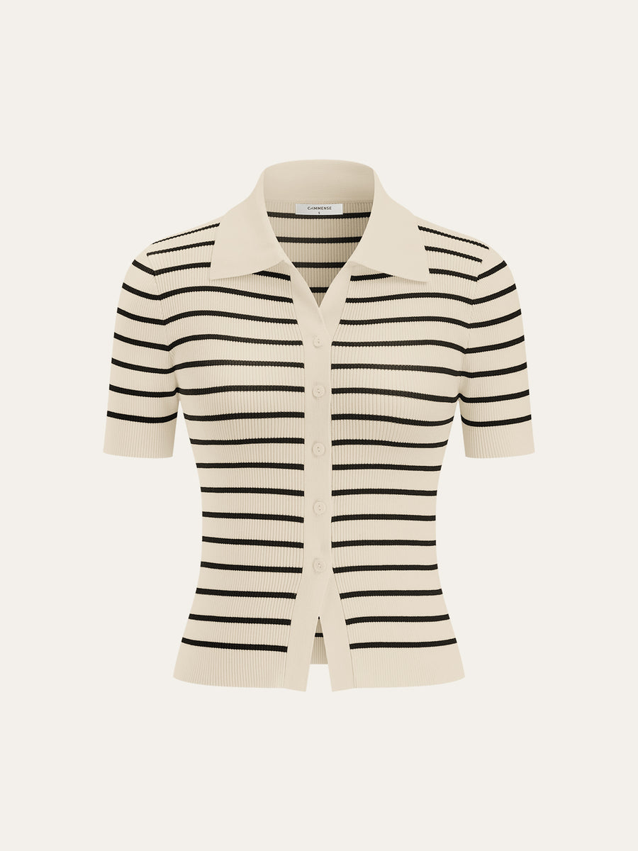 Commense Striped Polo Knit Cardigan Women’s Medium White Black